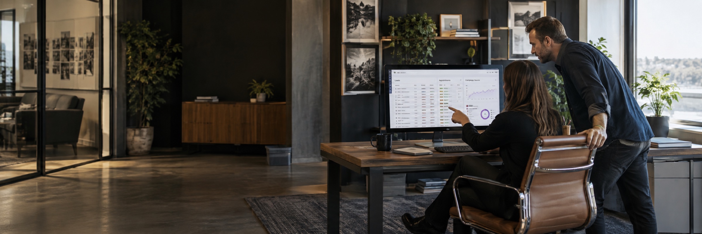 A growth specialist and business owner reviewing a lead-inquiry table, appointment statuses and campaign-source columns on a desktop monitor.