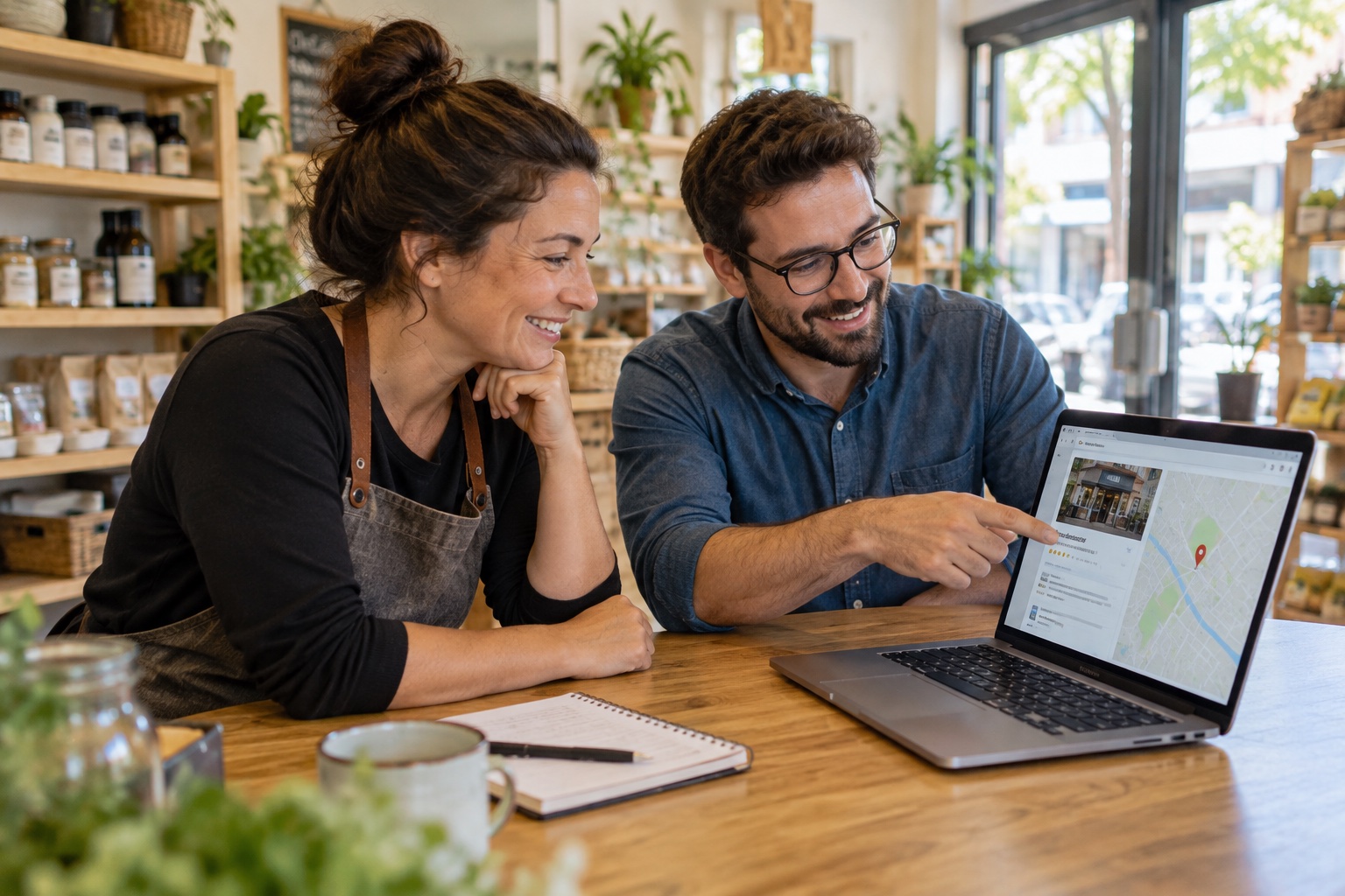 A neighborhood shop owner and local search specialist reviewing a business listing and map together on a laptop.