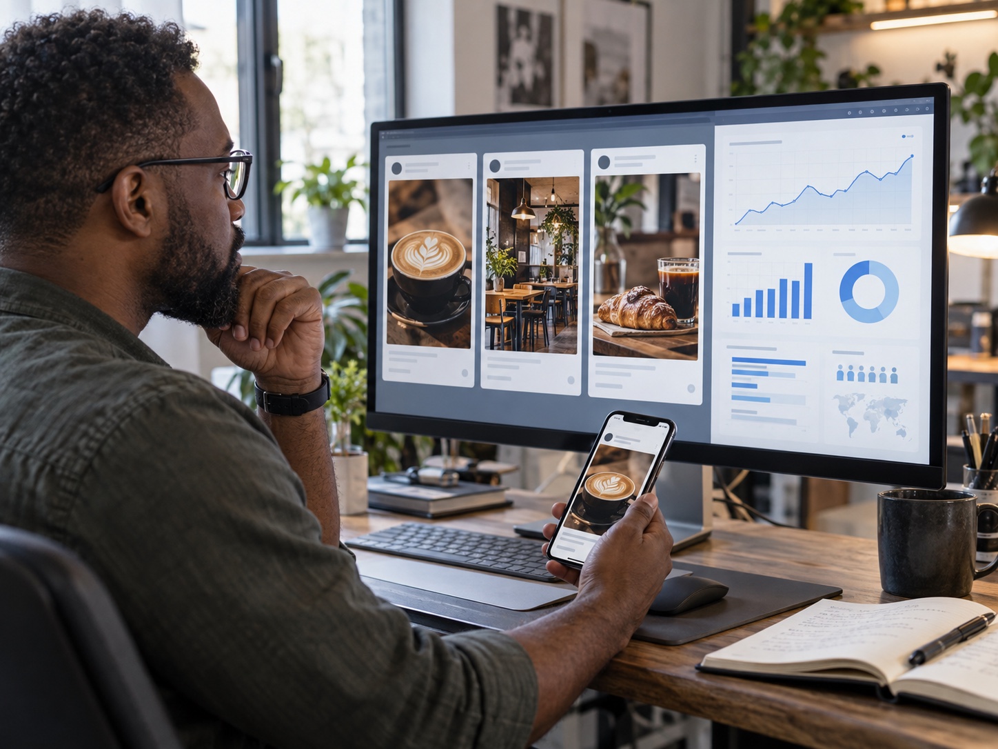 A paid-social strategist reviewing sponsored creative previews and campaign performance on a monitor and smartphone.