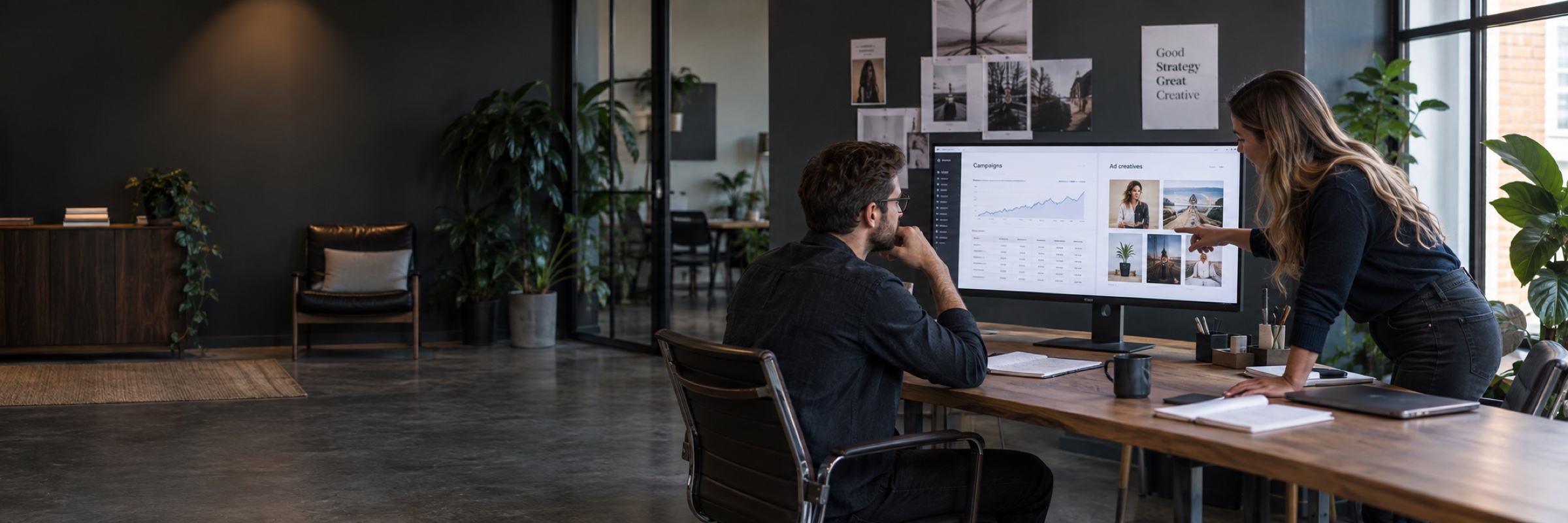 A paid social strategist and creative colleague reviewing an ad campaign dashboard next to real photographic ad creatives on a monitor.