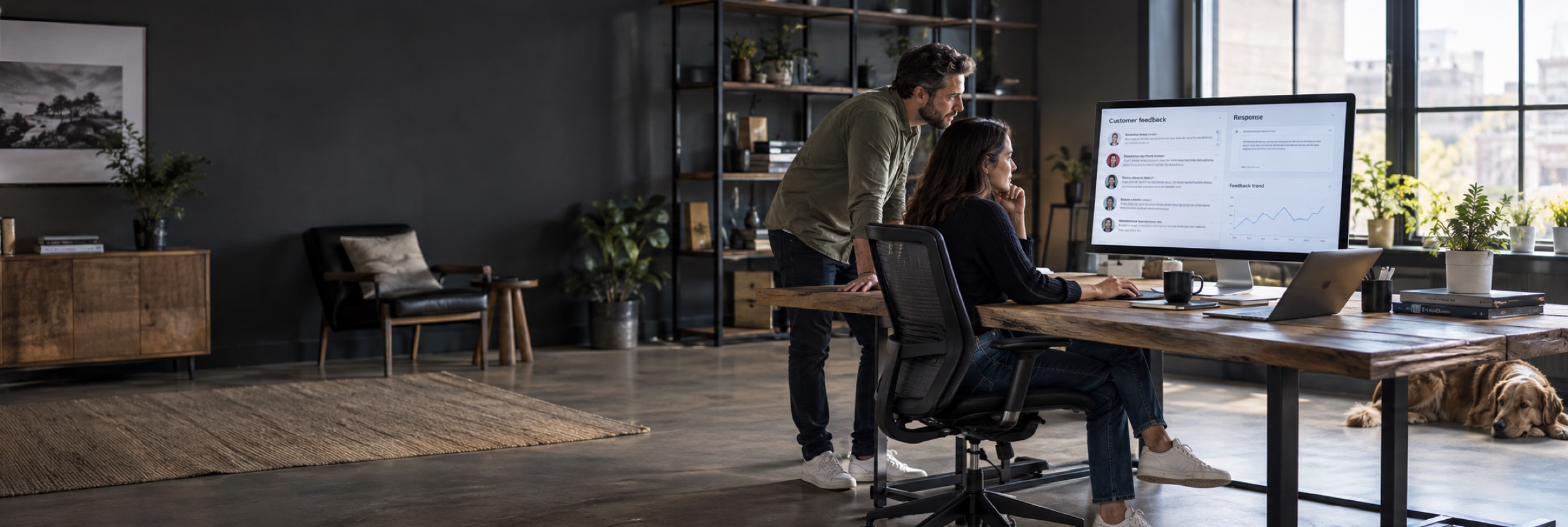 A customer experience manager and business owner reviewing readable rows of customer feedback and composing a thoughtful reply on a large monitor.