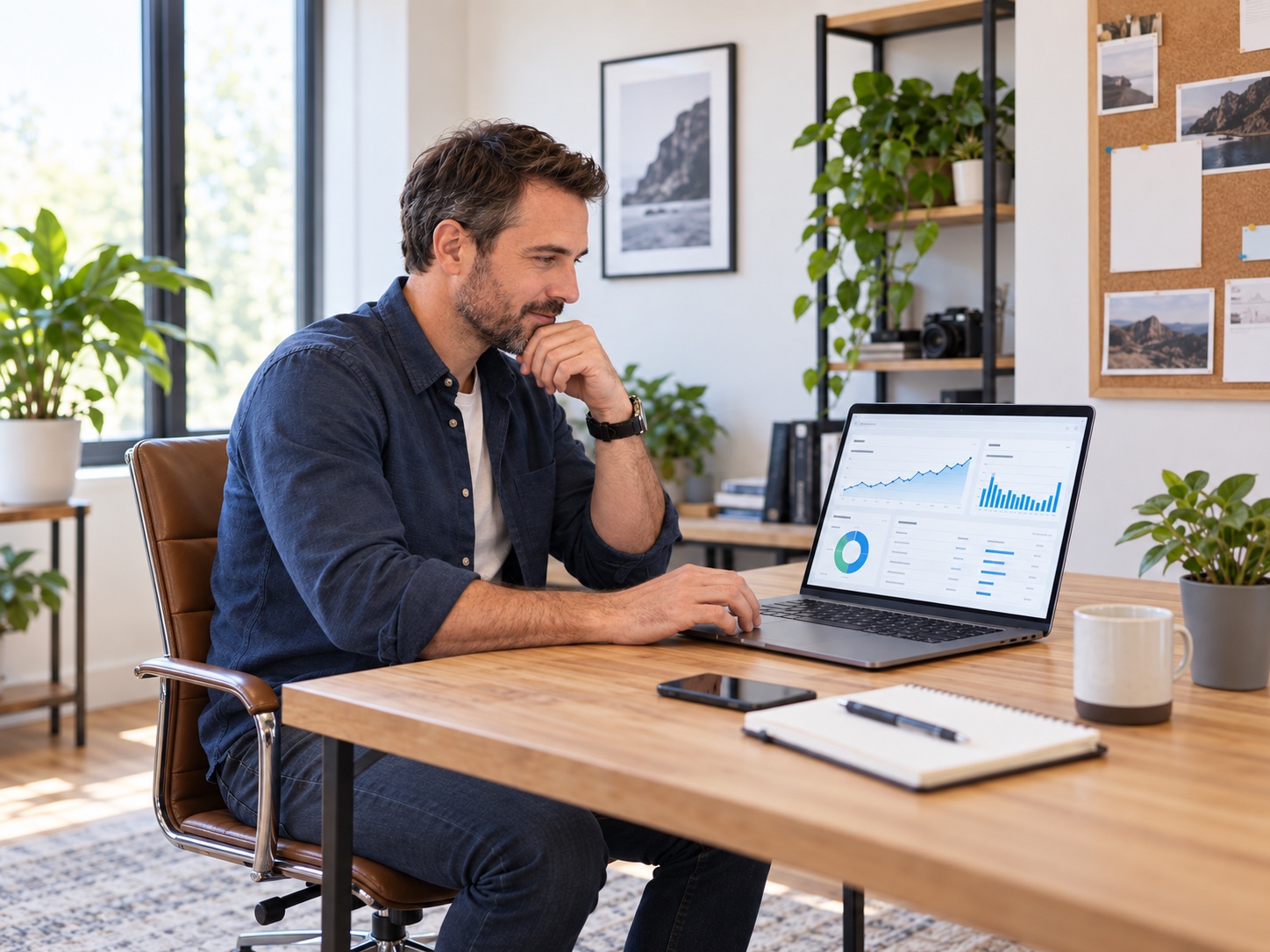 A business owner and search strategist reviewing website traffic and search performance on a laptop.