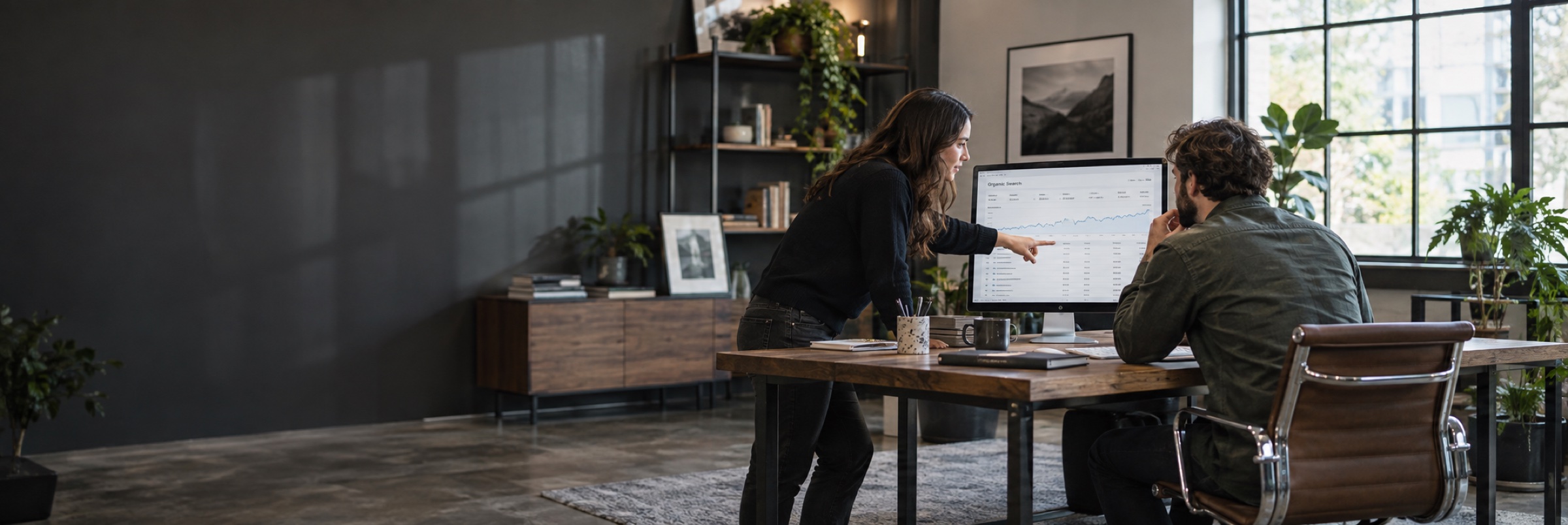 Search specialists reviewing customer queries and organic search performance together on a desktop display.