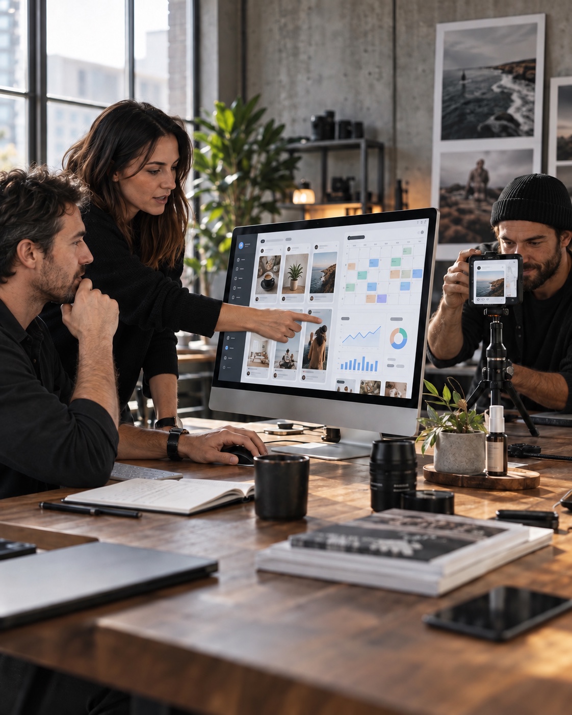 Social media team reviewing planned channel posts, a publishing calendar, and engagement analytics in a modern studio.