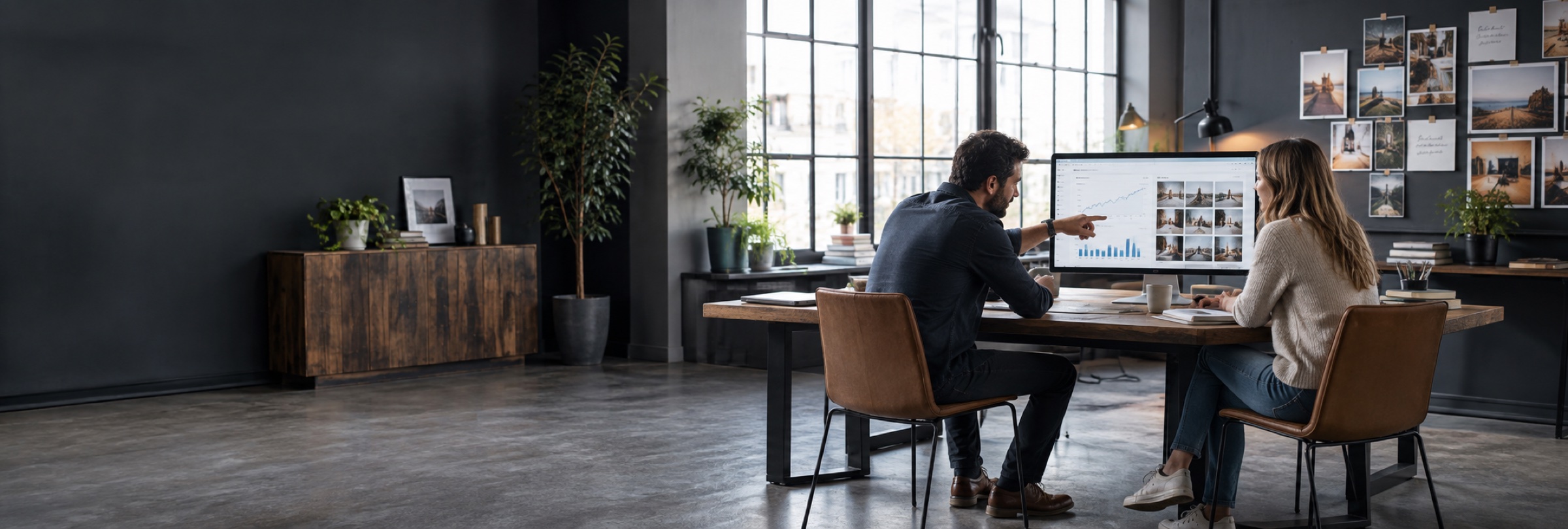 A marketing consultant meeting a small business owner at a desk, pointing to a social content performance report and photo-based feed on a monitor.
