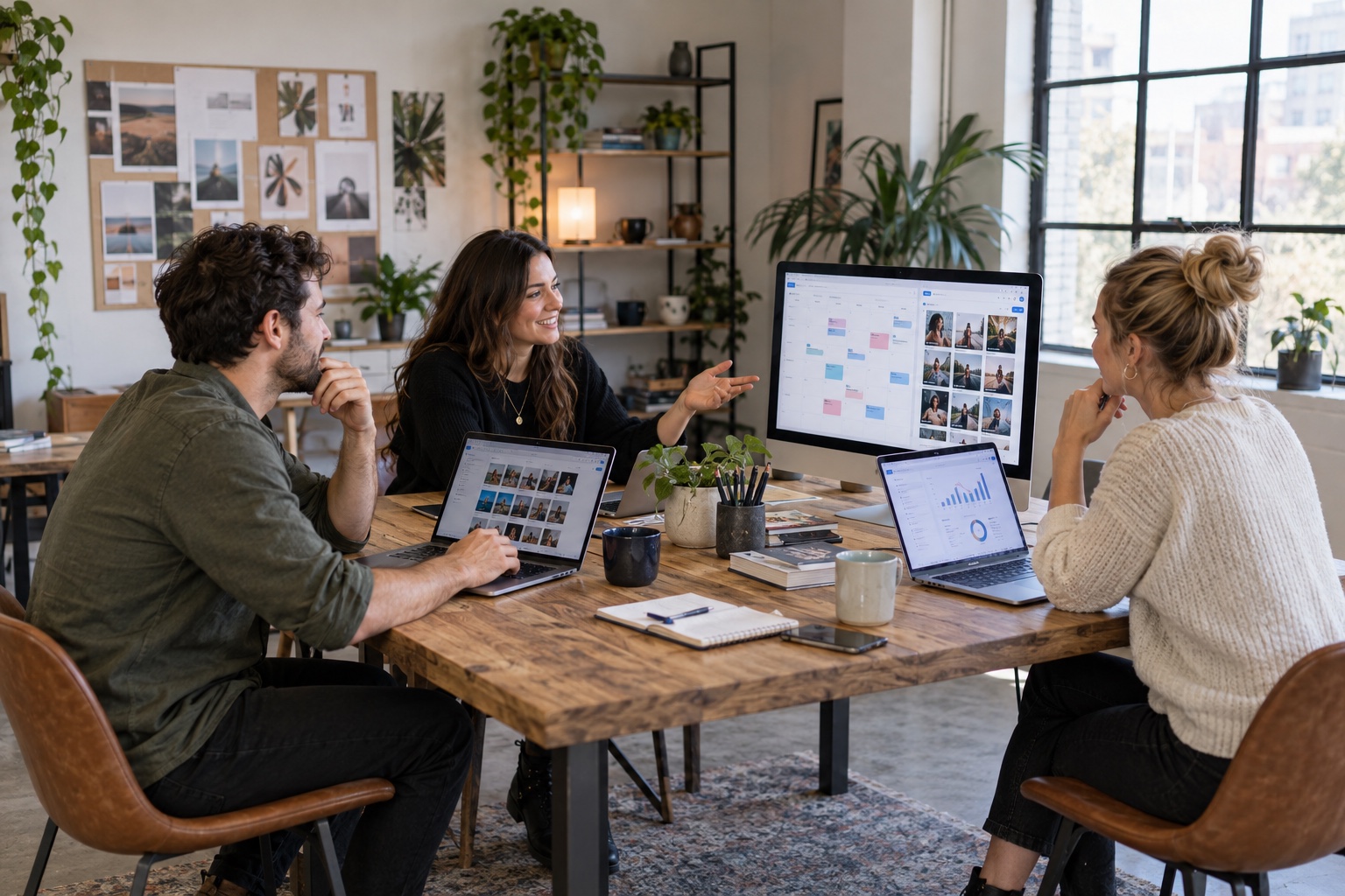 Three social media managers seated around a table with laptops and a monitor showing a publishing calendar, post previews, and engagement analytics.