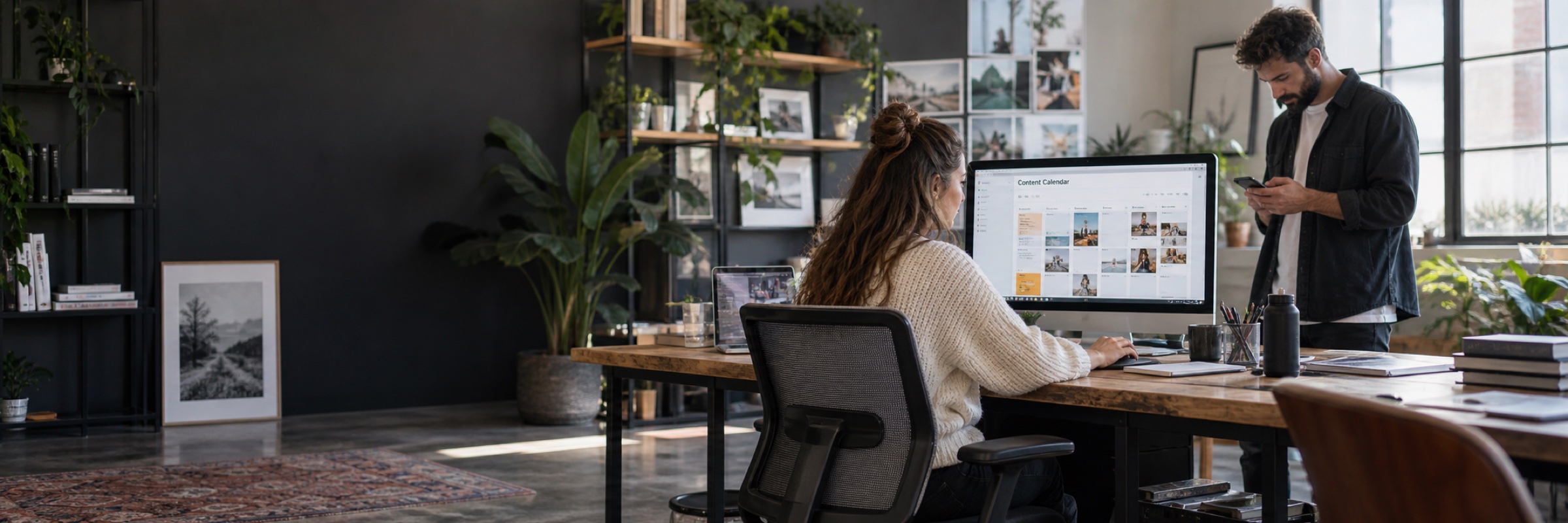 A social media manager arranging real lifestyle photographs into a publishing calendar on a desktop screen while a colleague reviews a phone.