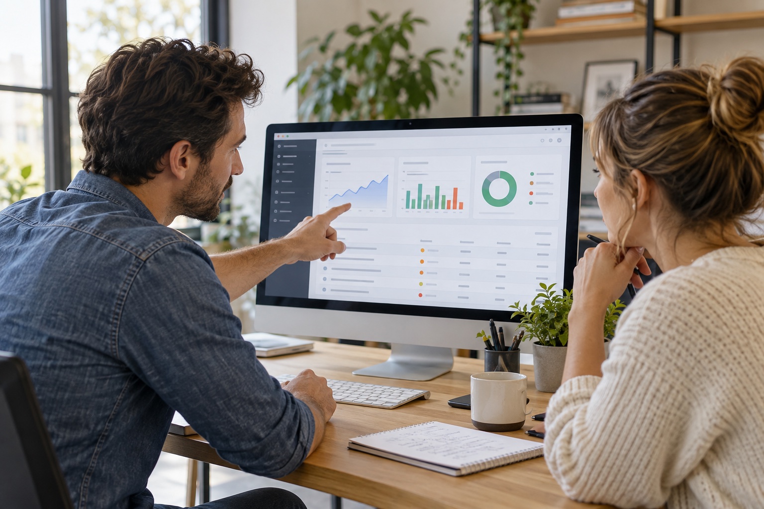 Two web specialists reviewing a website health dashboard with crawl, indexing, and performance signals on a desktop monitor.