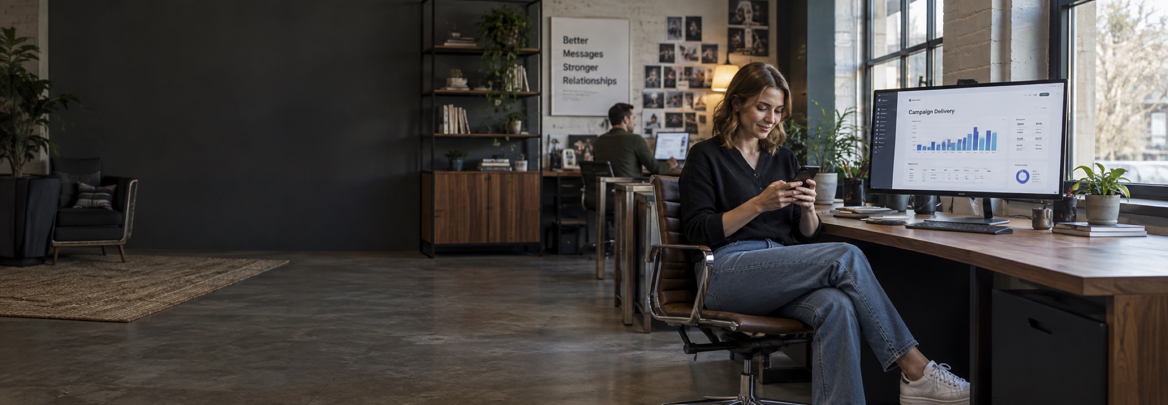 A customer communications specialist checking business appointment text messages on a smartphone beside a desktop campaign delivery report.