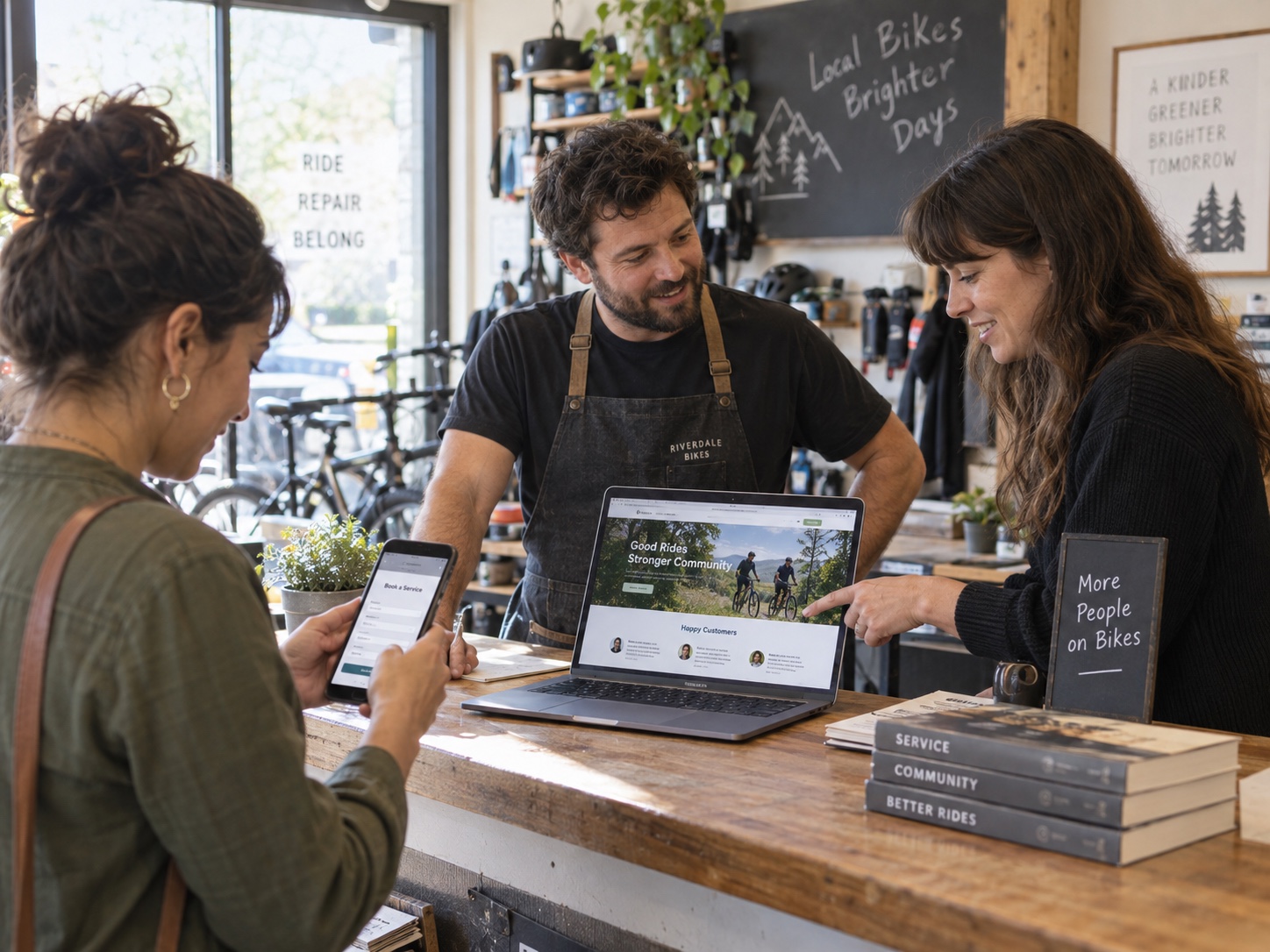 A web designer and small-business owner review a new website while a customer explores the mobile site and makes an inquiry.