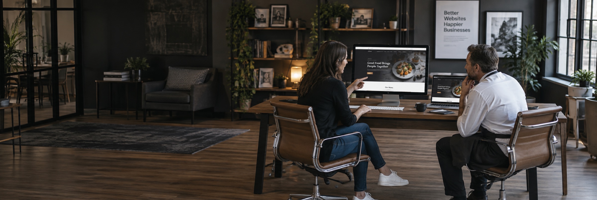 Designers reviewing a business website on a desktop monitor