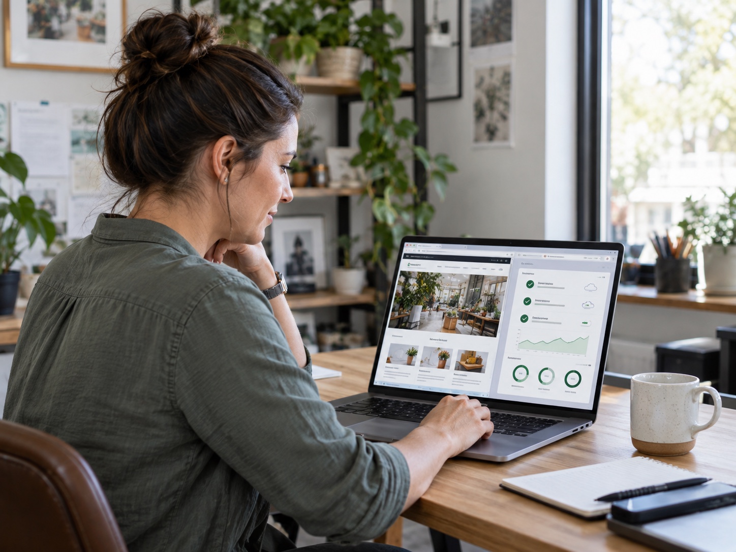 A web professional reviewing a small-business website and its maintenance checks on a laptop in a bright office.