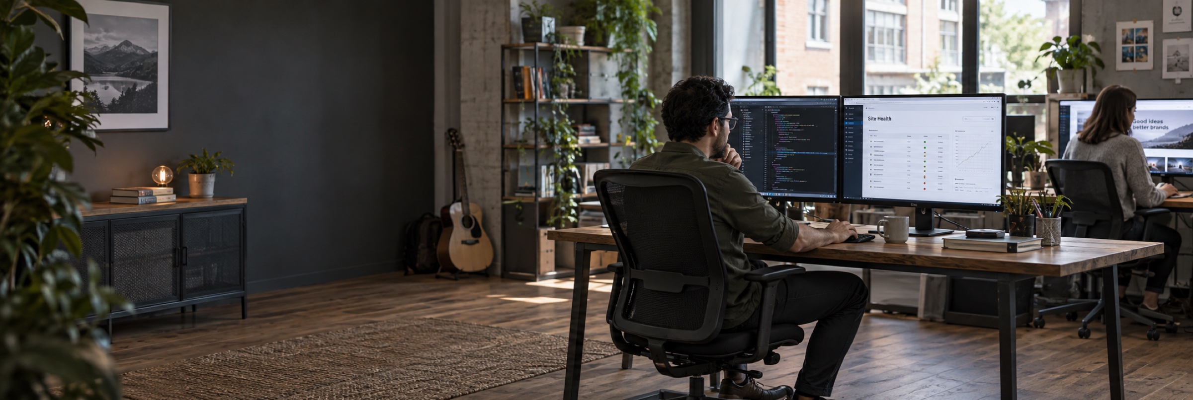 A website engineer inspecting a site-health table and code editor on two desktop screens while a colleague checks the live website.