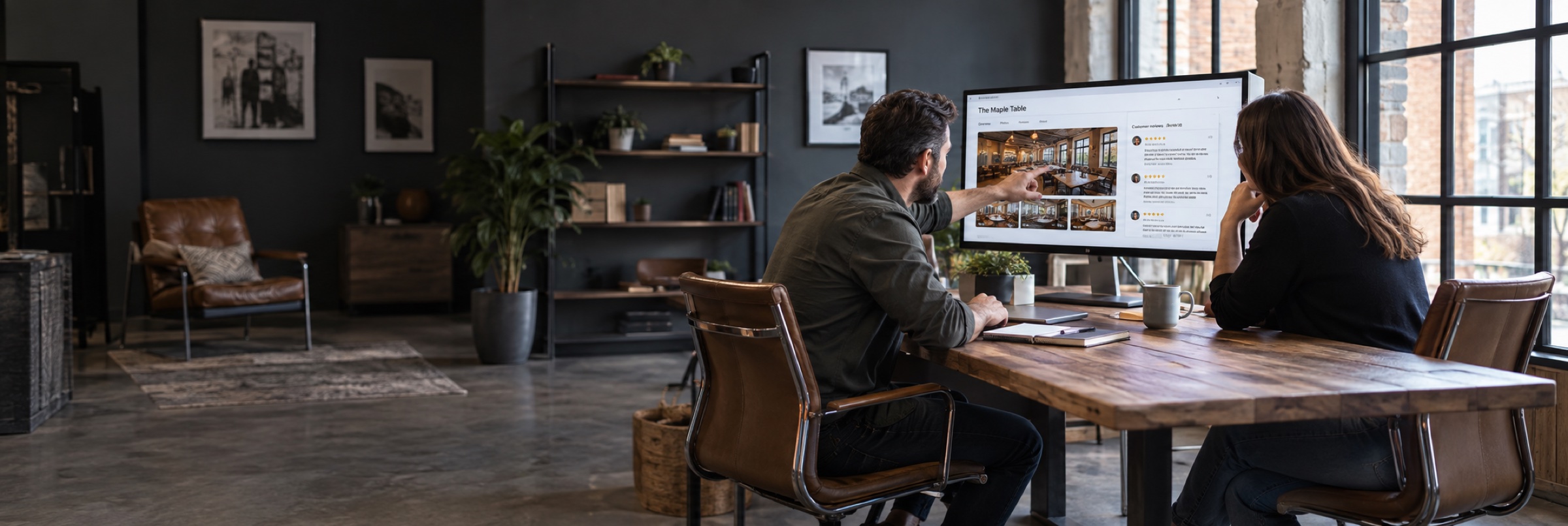 A local business owner and marketing consultant reviewing a restaurant business directory profile with venue photographs and customer review paragraphs on a monitor.